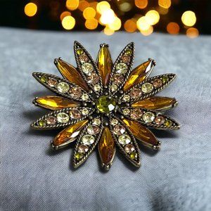 Vintage Kiam Family Starburst Bronze Tone Peridot Colored Signed Brooch